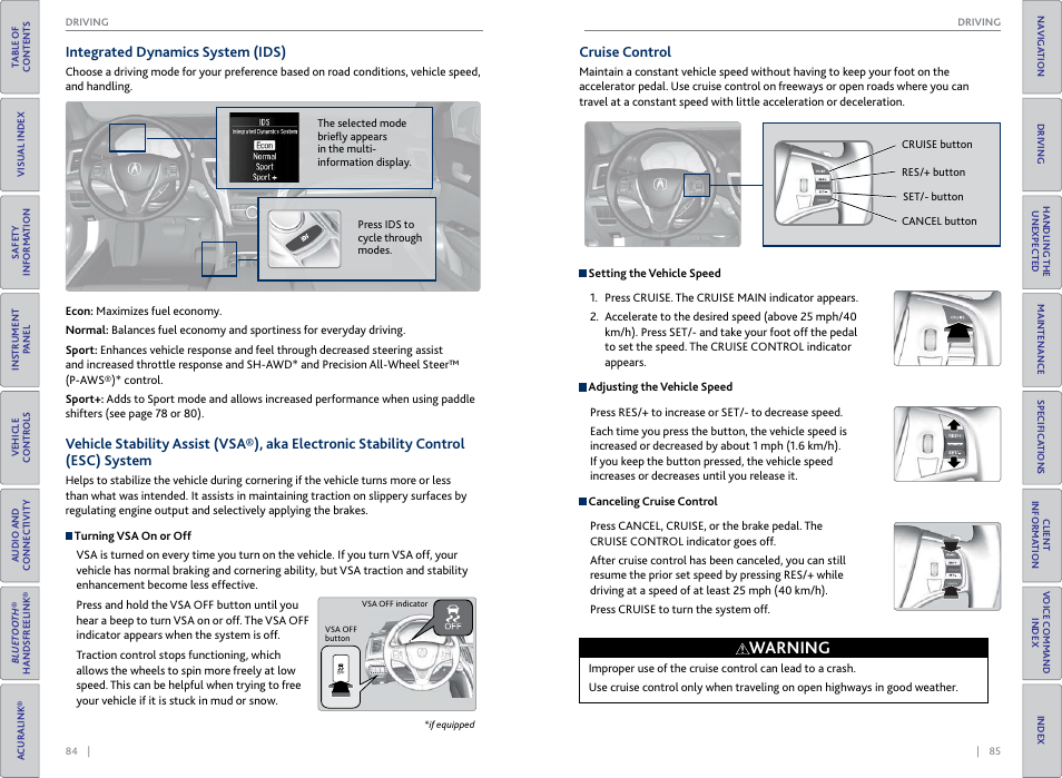 Integrated dynamics system (ids), Buttons, P. 85, p. 86 | P. 84, Cruise control, Warning | Acura 2015 TLX - Owner's Guide (With Software Update) Ver. ST03 User Manual | Page 46 / 75
