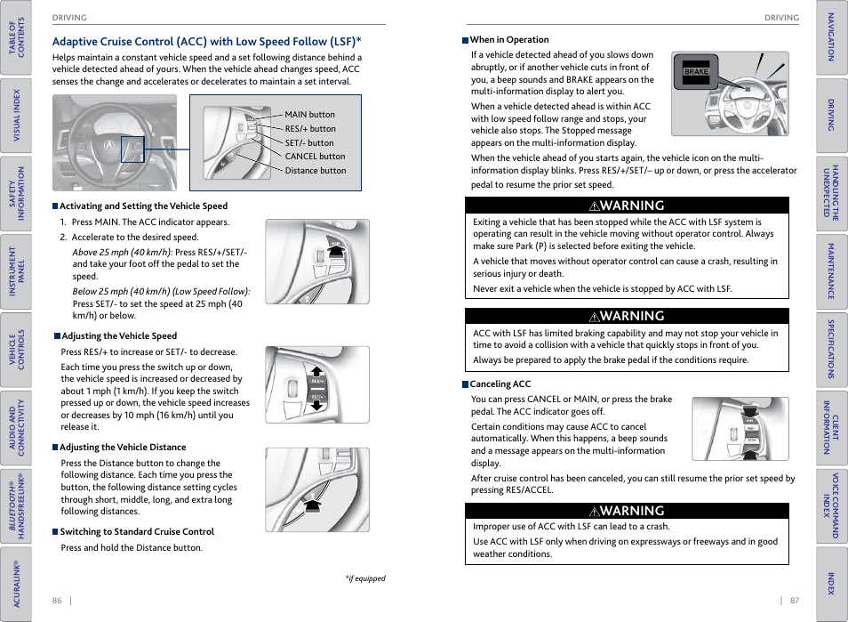 Distance button, P. 86, Warning | Acura 2015 TLX - Owner's Guide (With Software Update) Ver. ST03 User Manual | Page 47 / 75
