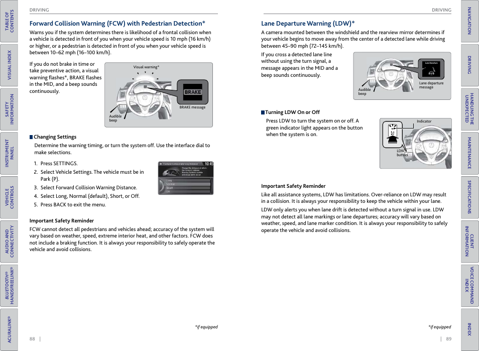 Button, P. 89, p. 92, Lane departure warning (ldw) | Acura 2015 TLX - Owner's Guide (With Software Update) Ver. ST03 User Manual | Page 48 / 75