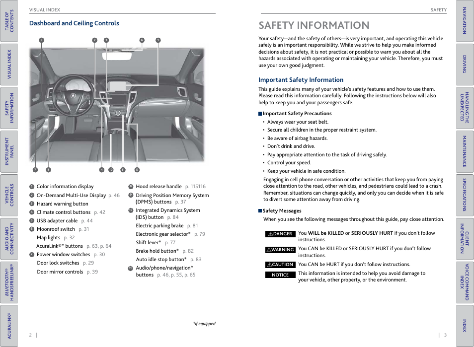 Safety, Informa, Tion | Dashboard and ceiling controls, Safety information, Important safety information | Acura 2015 TLX - Owner's Guide (With Software Update) Ver. ST03 User Manual | Page 5 / 75