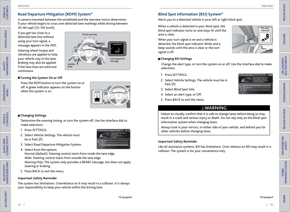 Road departure mitigation (rdm) system, Blind spot information (bsi) system, Warning | Acura 2015 TLX - Owner's Guide (With Software Update) Ver. ST03 User Manual | Page 50 / 75