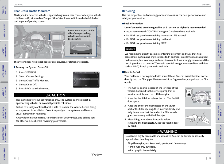 Door button, P. 97, Cross traffic monitor* refueling | Caution, Warning | Acura 2015 TLX - Owner's Guide (With Software Update) Ver. ST03 User Manual | Page 52 / 75