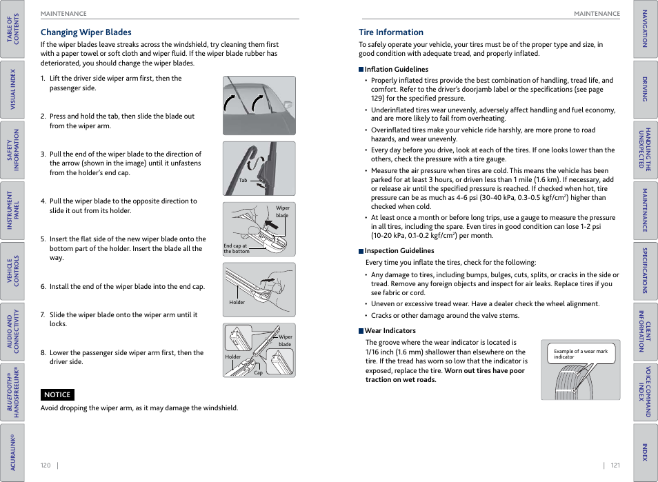 Changing wiper blades tire information | Acura 2015 TLX - Owner's Guide (With Software Update) Ver. ST03 User Manual | Page 64 / 75