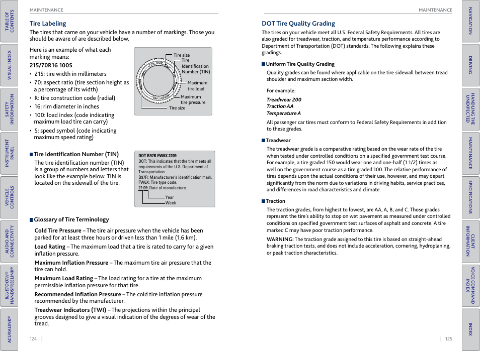 Tire labeling dot tire quality grading | Acura 2015 TLX - Owner's Guide (With Software Update) Ver. ST03 User Manual | Page 66 / 75