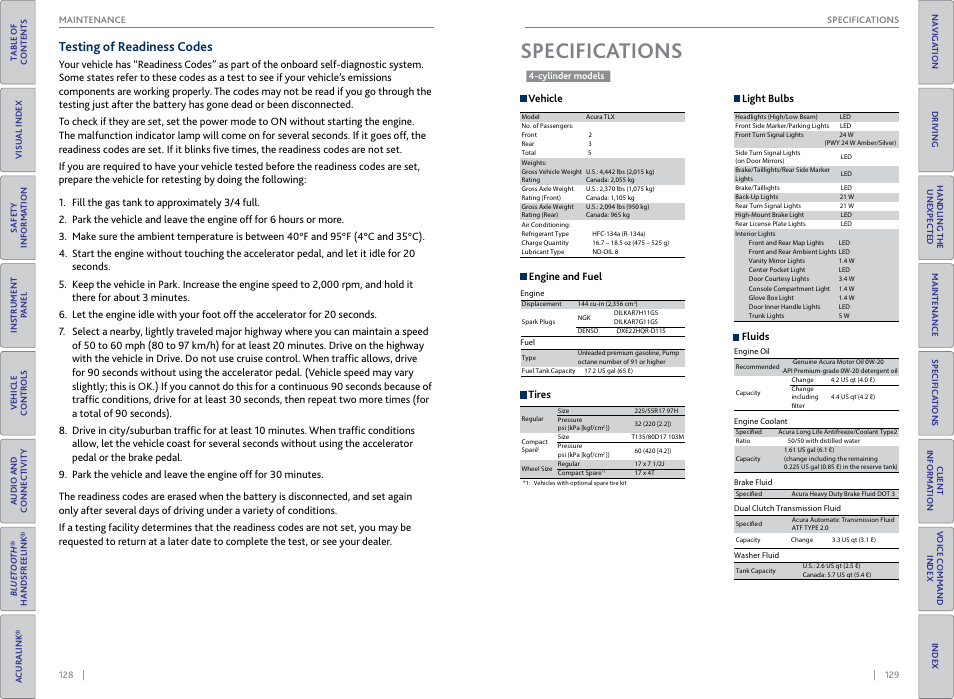 Specifica, Tions, Testing of readiness codes | Specifications, Tires | Acura 2015 TLX - Owner's Guide (With Software Update) Ver. ST03 User Manual | Page 68 / 75