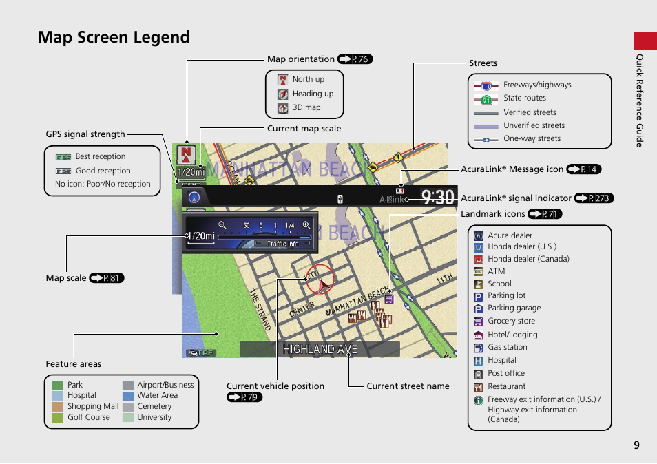 Map screen legend | Acura 2015 TLX - Navigation Manual (Without Software Update) Ver. ST02 User Manual | Page 10 / 329