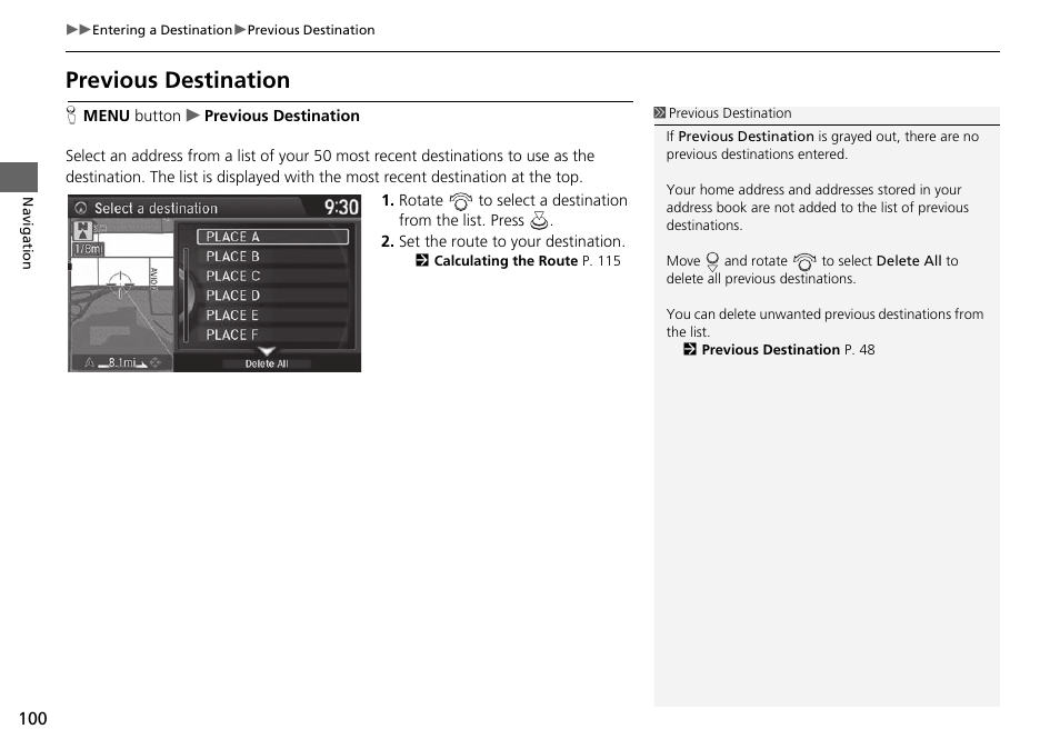 Previous destination p. 100, Previous destination | Acura 2015 TLX - Navigation Manual (Without Software Update) Ver. ST02 User Manual | Page 101 / 329
