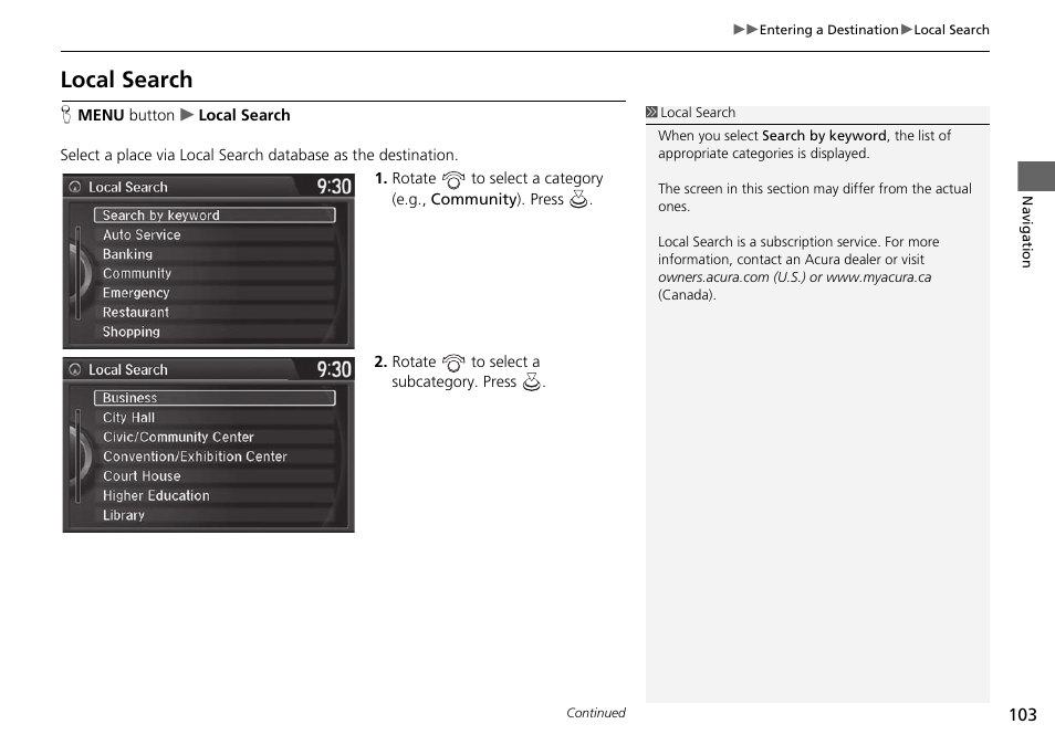 Local search | Acura 2015 TLX - Navigation Manual (Without Software Update) Ver. ST02 User Manual | Page 104 / 329