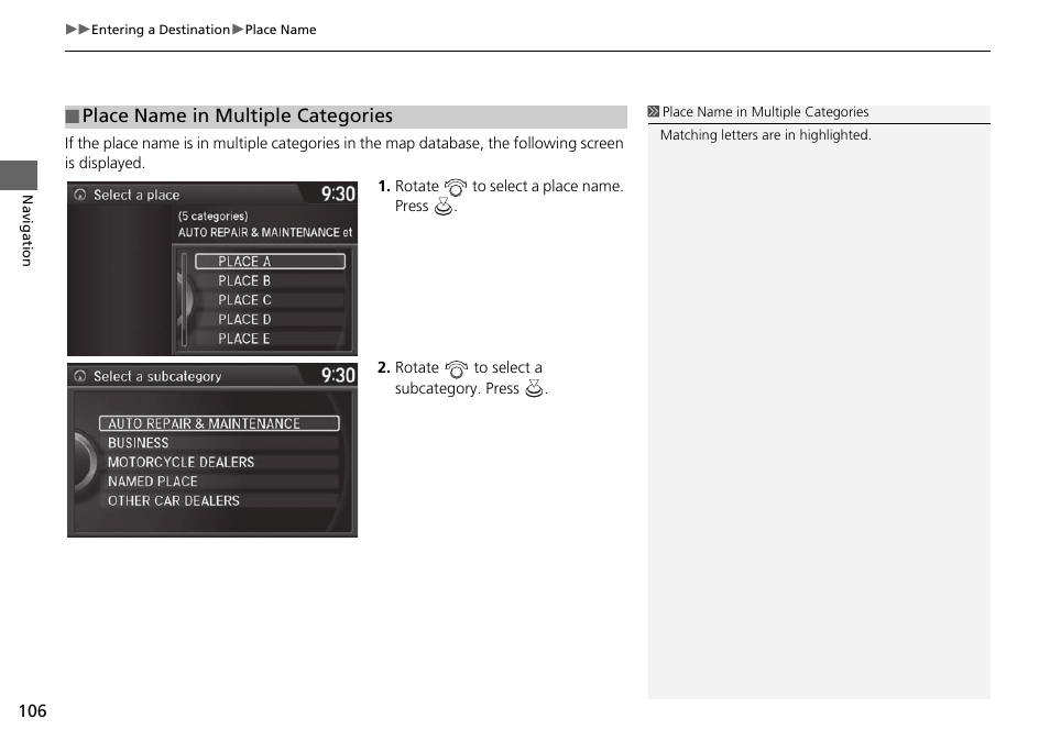 Place name in multiple, Categories, Place name in multiple categories | Acura 2015 TLX - Navigation Manual (Without Software Update) Ver. ST02 User Manual | Page 107 / 329