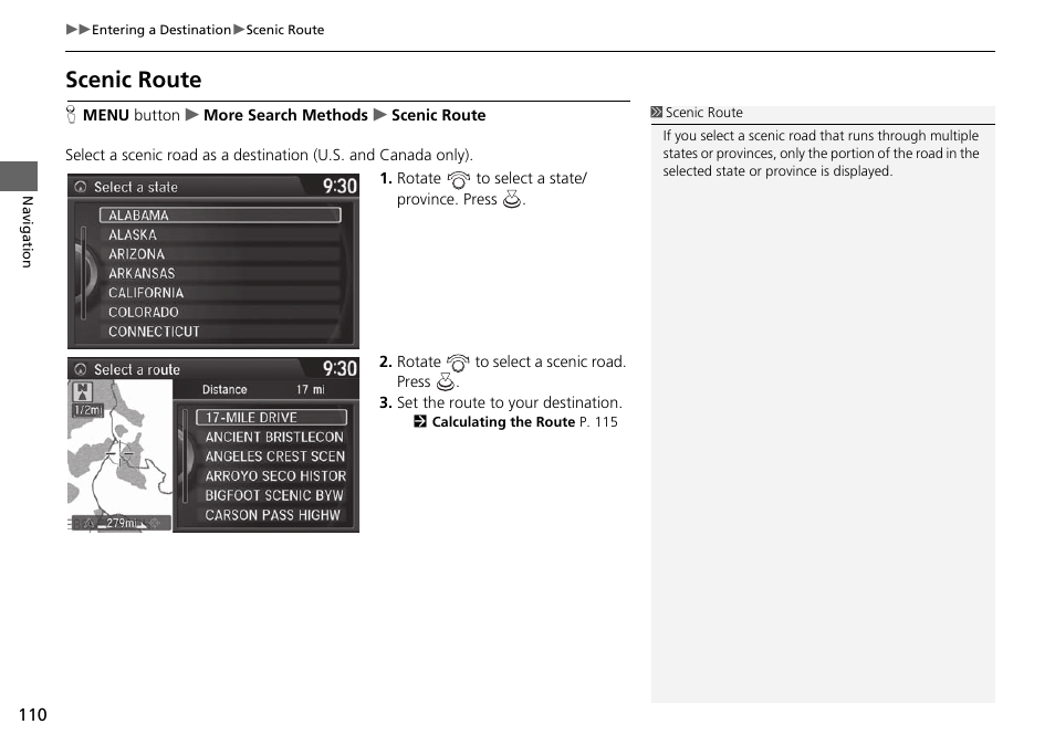 Scenic route | Acura 2015 TLX - Navigation Manual (Without Software Update) Ver. ST02 User Manual | Page 111 / 329