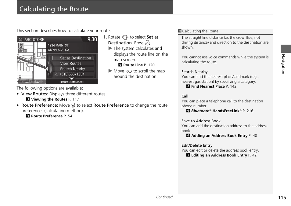 Calculating the route 115, Calculating the route, Calculating the route p. 115 | Acura 2015 TLX - Navigation Manual (Without Software Update) Ver. ST02 User Manual | Page 116 / 329