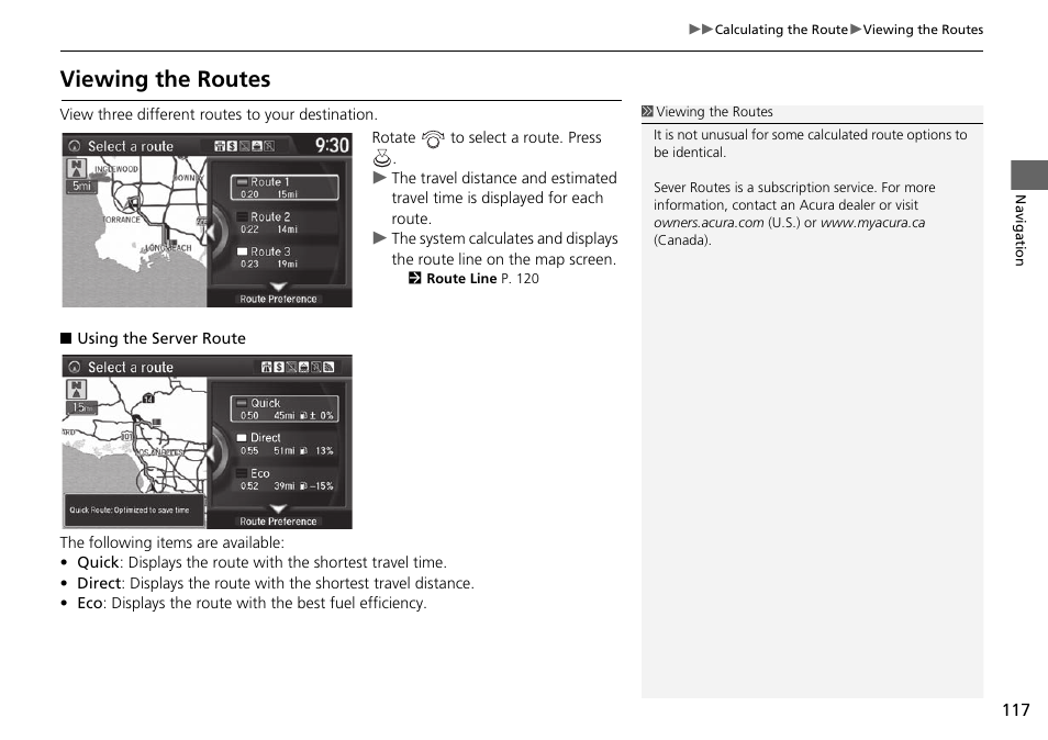 P117), Viewing the routes | Acura 2015 TLX - Navigation Manual (Without Software Update) Ver. ST02 User Manual | Page 118 / 329