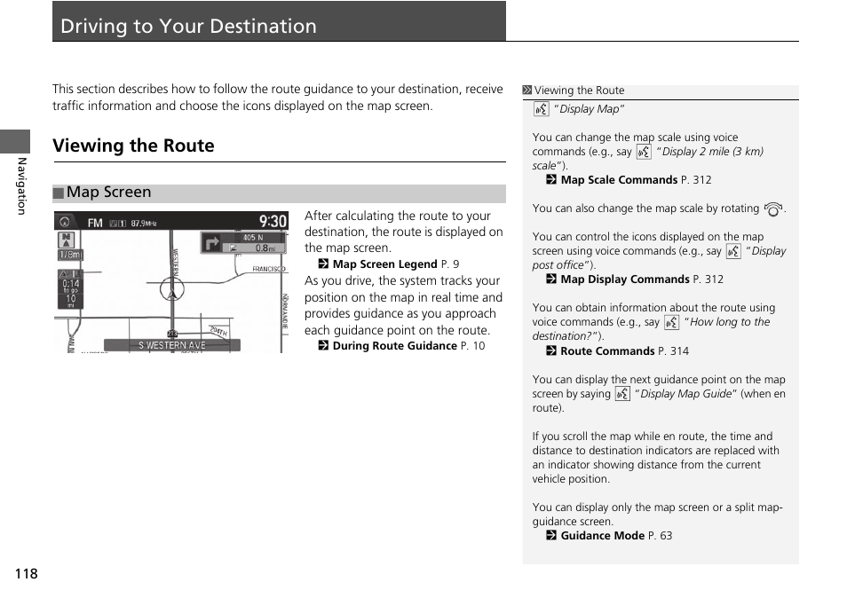 Driving to your destination 118, P118), Driving to your destination | Viewing the route, Map screen | Acura 2015 TLX - Navigation Manual (Without Software Update) Ver. ST02 User Manual | Page 119 / 329