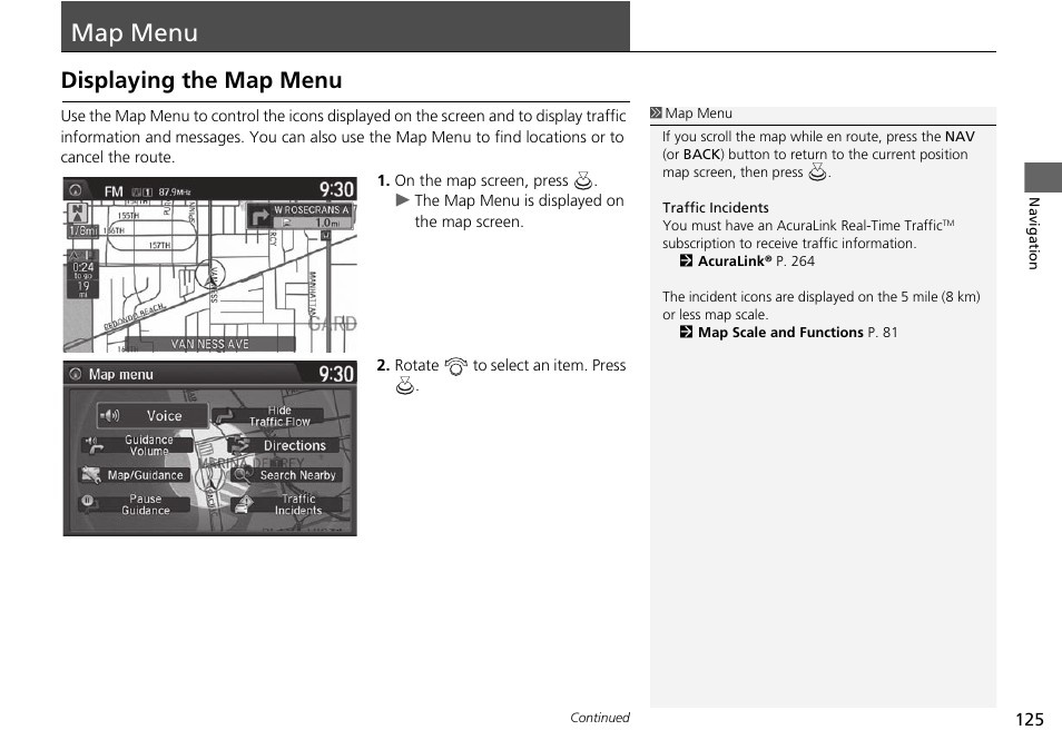 Map menu 125, Map menu p. 125, Map menu | Displaying the map menu | Acura 2015 TLX - Navigation Manual (Without Software Update) Ver. ST02 User Manual | Page 126 / 329