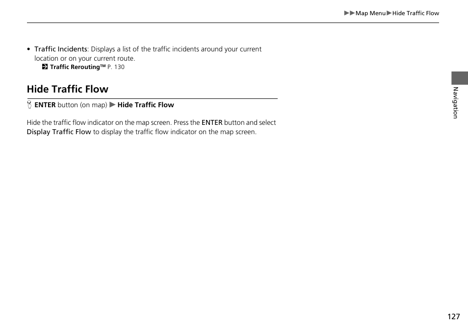 Hide traffic flow | Acura 2015 TLX - Navigation Manual (Without Software Update) Ver. ST02 User Manual | Page 128 / 329