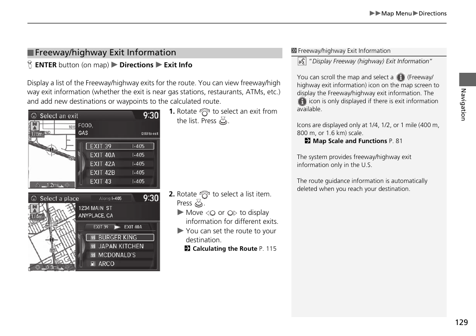 Freeway/highway exit information | Acura 2015 TLX - Navigation Manual (Without Software Update) Ver. ST02 User Manual | Page 130 / 329