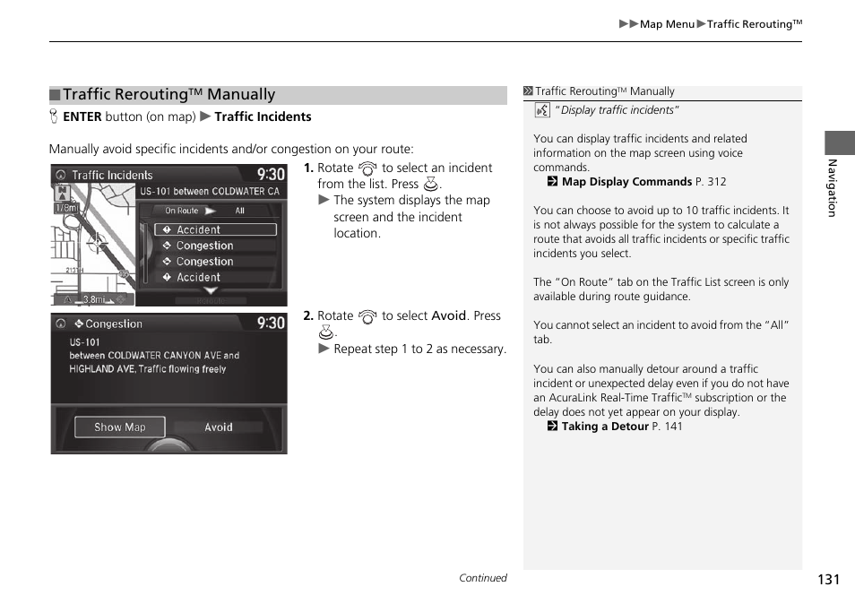 Traffic rerouting, Manually | Acura 2015 TLX - Navigation Manual (Without Software Update) Ver. ST02 User Manual | Page 132 / 329