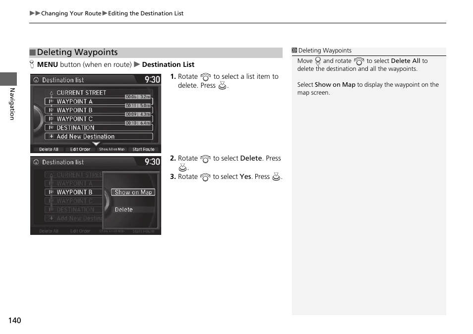 Deleting waypoints | Acura 2015 TLX - Navigation Manual (Without Software Update) Ver. ST02 User Manual | Page 141 / 329