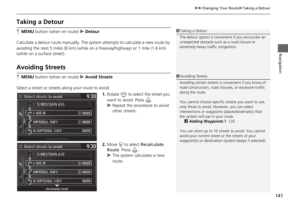Taking a detour avoiding streets, Taking a detour, Taking a detour p. 141 | Avoiding streets | Acura 2015 TLX - Navigation Manual (Without Software Update) Ver. ST02 User Manual | Page 142 / 329