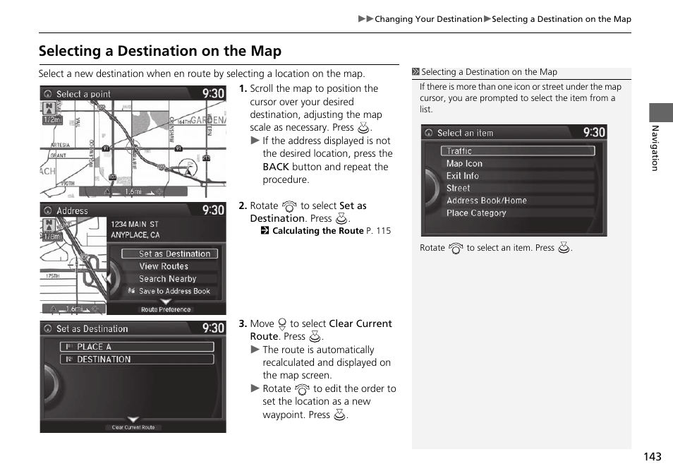 P143), Selecting a destination on the map | Acura 2015 TLX - Navigation Manual (Without Software Update) Ver. ST02 User Manual | Page 144 / 329