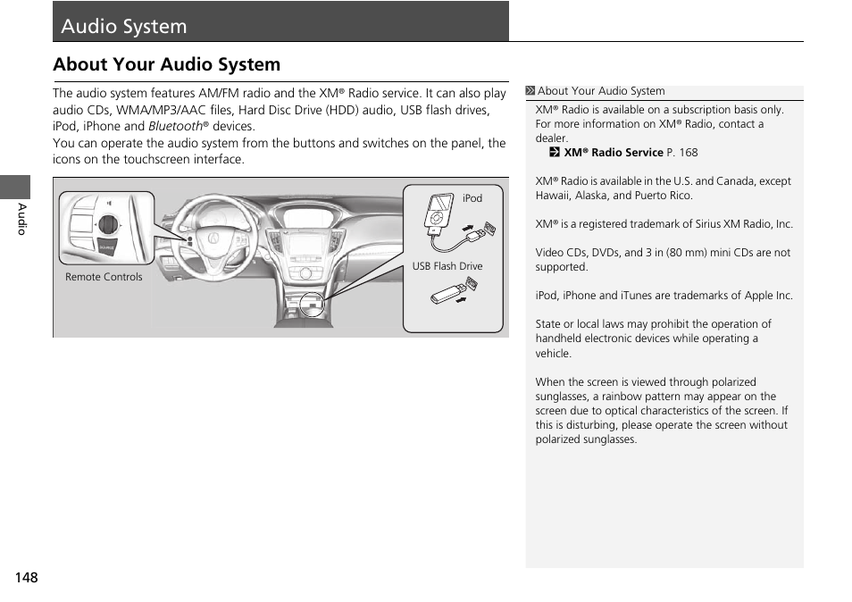 Audio system 148, Audio system, About your audio system | Acura 2015 TLX - Navigation Manual (Without Software Update) Ver. ST02 User Manual | Page 149 / 329