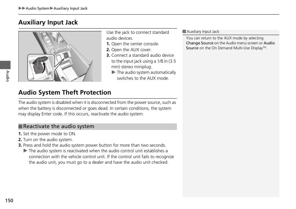 Auxiliary input jack audio system theft protection, Auxiliary input jack, Audio system theft protection | Acura 2015 TLX - Navigation Manual (Without Software Update) Ver. ST02 User Manual | Page 151 / 329
