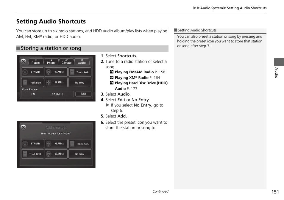 Setting audio shortcuts | Acura 2015 TLX - Navigation Manual (Without Software Update) Ver. ST02 User Manual | Page 152 / 329