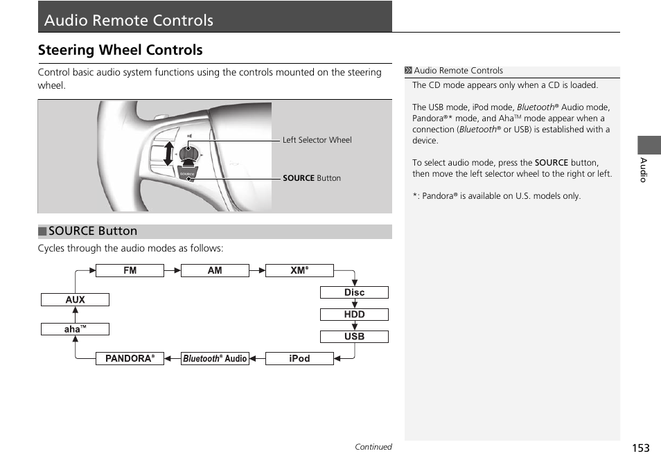 Audio remote controls 153, P153), Audio remote controls | Steering wheel controls, Source button | Acura 2015 TLX - Navigation Manual (Without Software Update) Ver. ST02 User Manual | Page 154 / 329