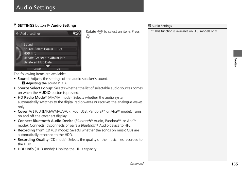 Audio settings 155, Audio settings | Acura 2015 TLX - Navigation Manual (Without Software Update) Ver. ST02 User Manual | Page 156 / 329