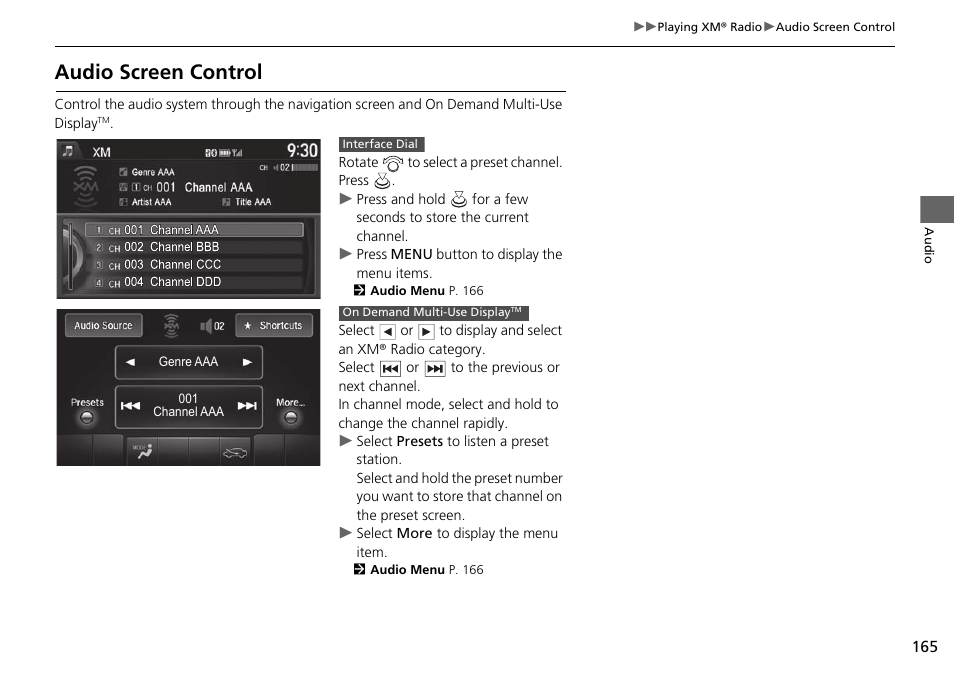Audio screen control | Acura 2015 TLX - Navigation Manual (Without Software Update) Ver. ST02 User Manual | Page 166 / 329