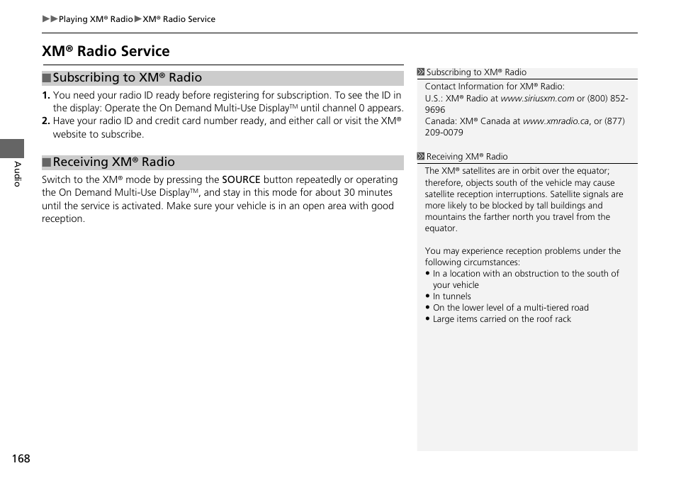 Xm® radio service, Subscribing to xm® radio ■ receiving xm® radio | Acura 2015 TLX - Navigation Manual (Without Software Update) Ver. ST02 User Manual | Page 169 / 329