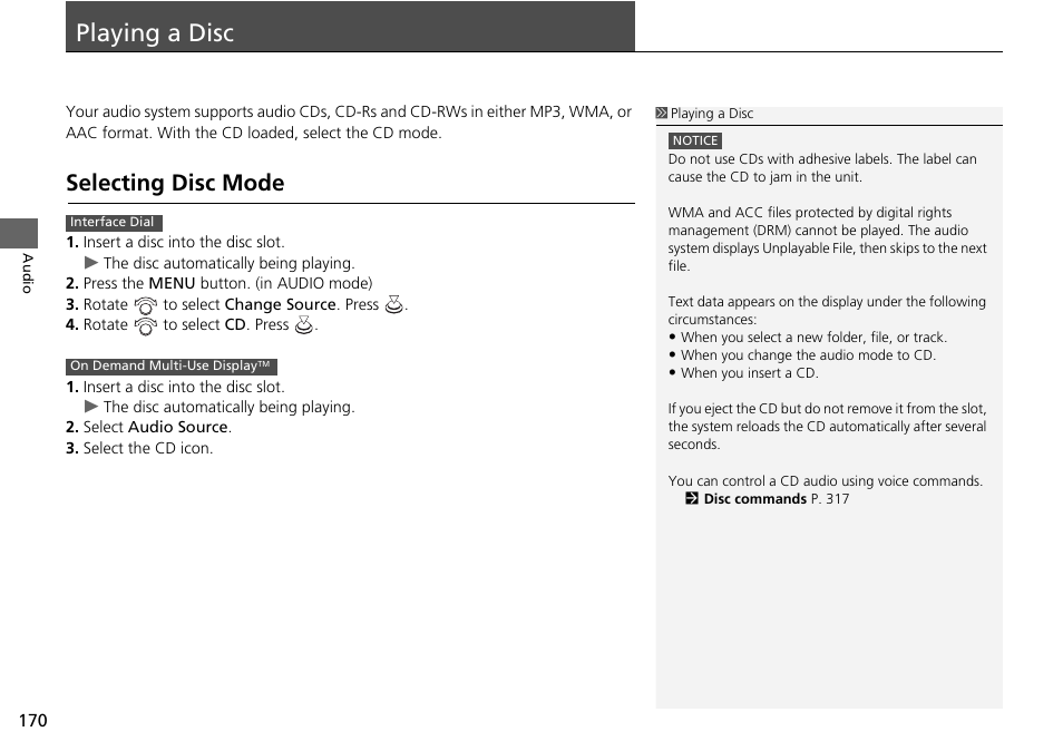 Playing a disc 170, P170), Playing a disc | Selecting disc mode | Acura 2015 TLX - Navigation Manual (Without Software Update) Ver. ST02 User Manual | Page 171 / 329