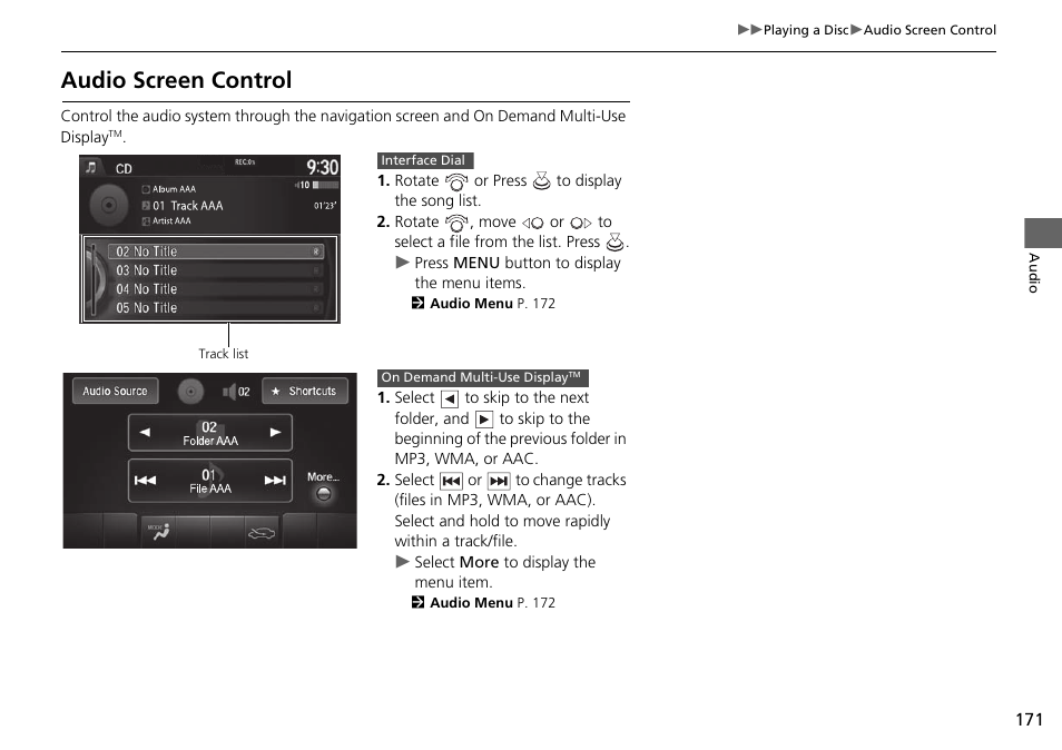 Audio screen control | Acura 2015 TLX - Navigation Manual (Without Software Update) Ver. ST02 User Manual | Page 172 / 329