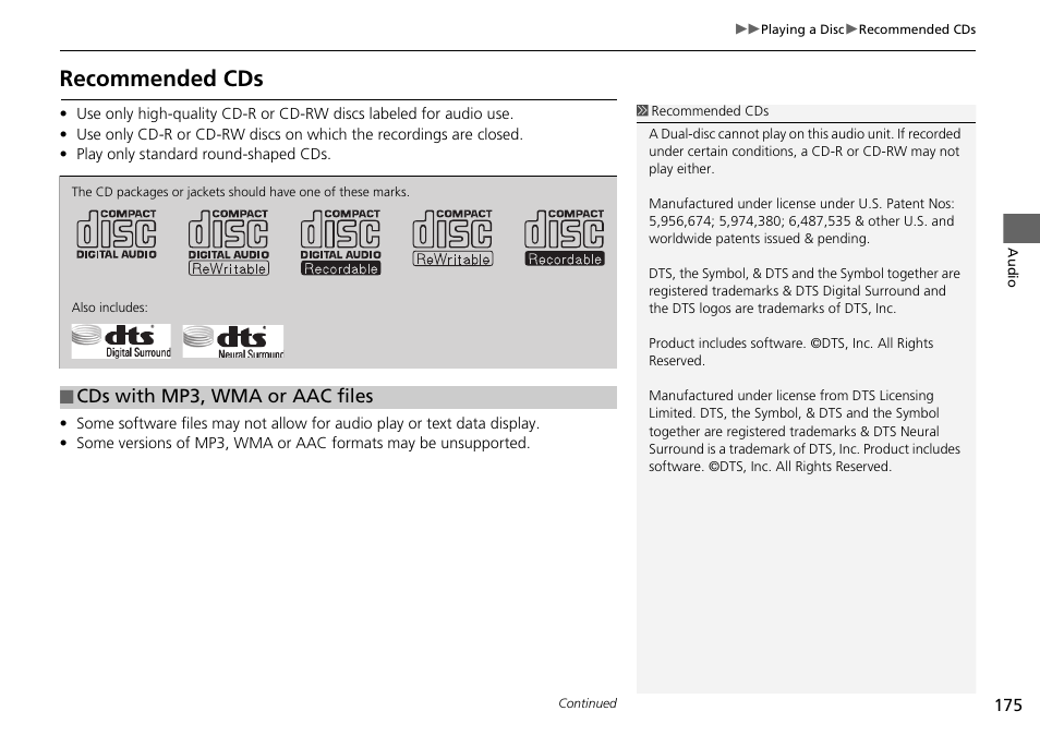 Recommended cds, Cds with mp3, wma or aac files | Acura 2015 TLX - Navigation Manual (Without Software Update) Ver. ST02 User Manual | Page 176 / 329