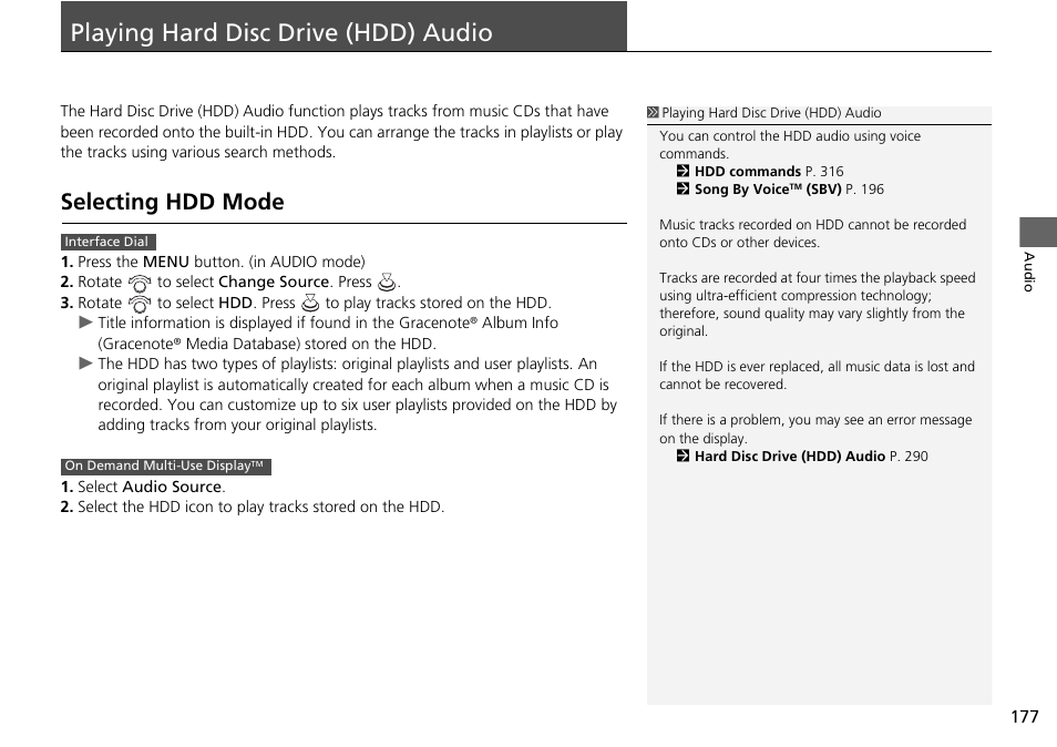 Playing hard disc drive (hdd) audio 177, P177), Playing hard disc drive (hdd) audio | Selecting hdd mode, Playing hard disc drive (hdd), Audio p. 177 | Acura 2015 TLX - Navigation Manual (Without Software Update) Ver. ST02 User Manual | Page 178 / 329