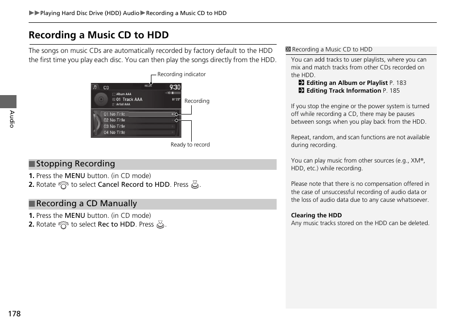 Recording a music cd to hdd | Acura 2015 TLX - Navigation Manual (Without Software Update) Ver. ST02 User Manual | Page 179 / 329