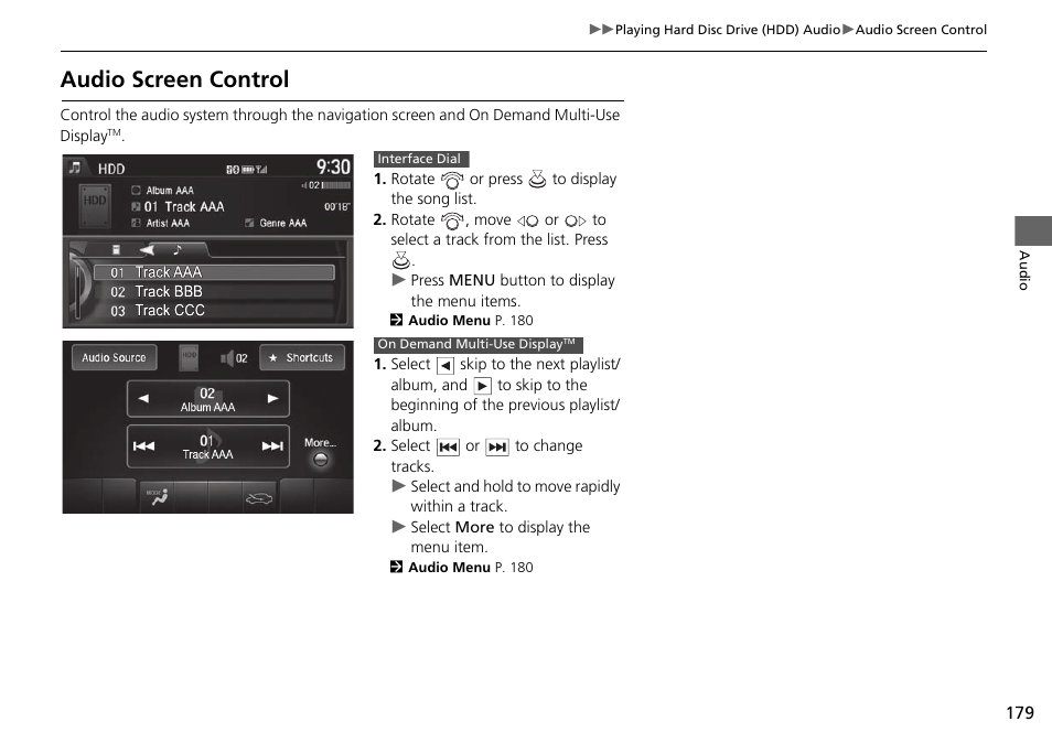 Audio screen control | Acura 2015 TLX - Navigation Manual (Without Software Update) Ver. ST02 User Manual | Page 180 / 329