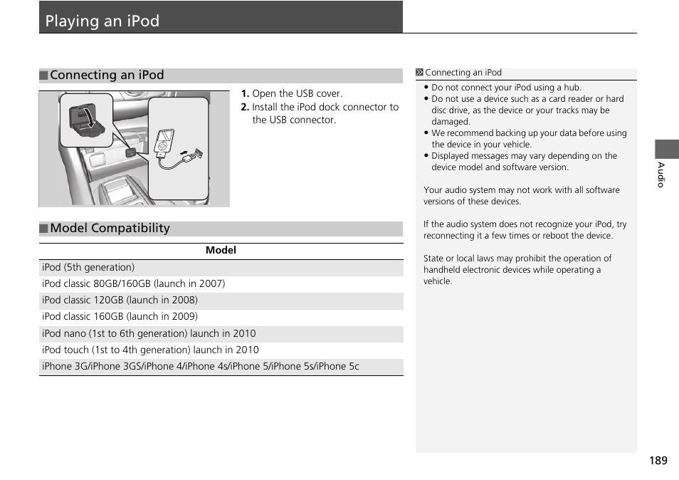 Playing an ipod 189, P189), Playing an ipod | Acura 2015 TLX - Navigation Manual (Without Software Update) Ver. ST02 User Manual | Page 190 / 329