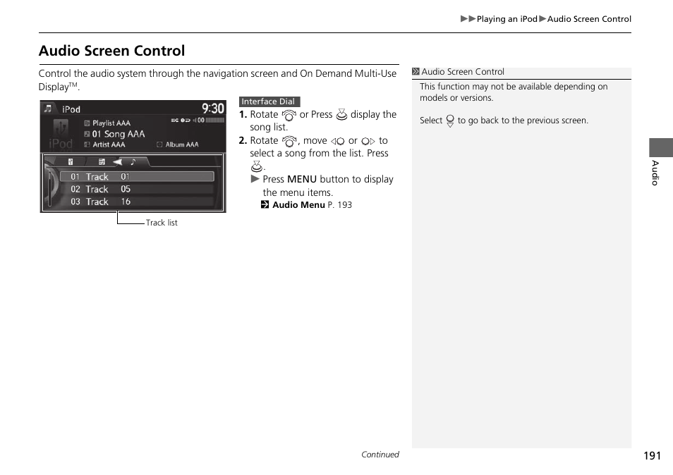 Audio screen control | Acura 2015 TLX - Navigation Manual (Without Software Update) Ver. ST02 User Manual | Page 192 / 329