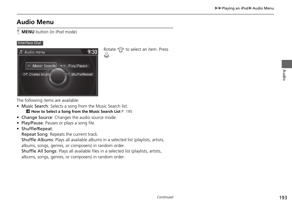 Audio menu | Acura 2015 TLX - Navigation Manual (Without Software Update) Ver. ST02 User Manual | Page 194 / 329