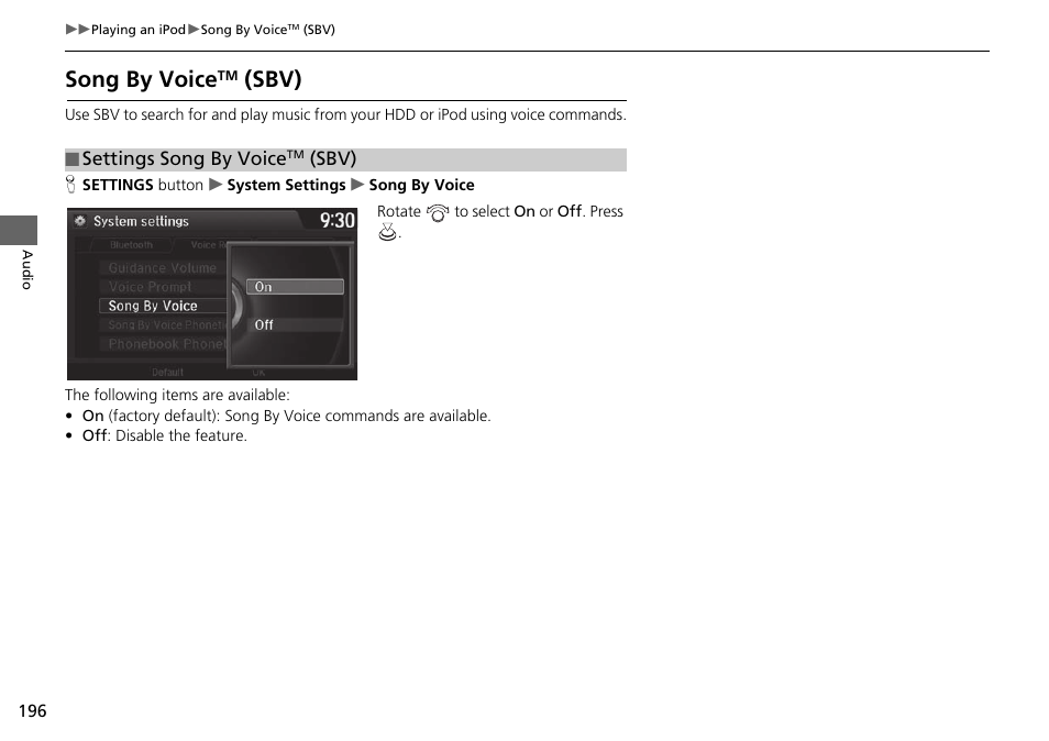 Settings song by voice, Sbv), Song by voice | Sbv) p. 196 | Acura 2015 TLX - Navigation Manual (Without Software Update) Ver. ST02 User Manual | Page 197 / 329