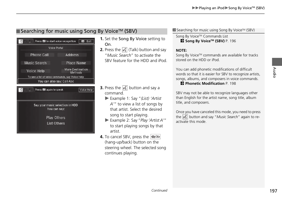 Searching for music using song by voice, Sbv) | Acura 2015 TLX - Navigation Manual (Without Software Update) Ver. ST02 User Manual | Page 198 / 329