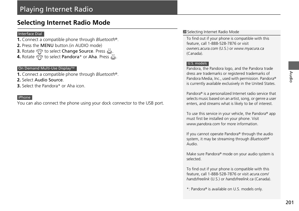 Playing internet radio 201, P201), Playing internet radio | Selecting internet radio mode | Acura 2015 TLX - Navigation Manual (Without Software Update) Ver. ST02 User Manual | Page 202 / 329