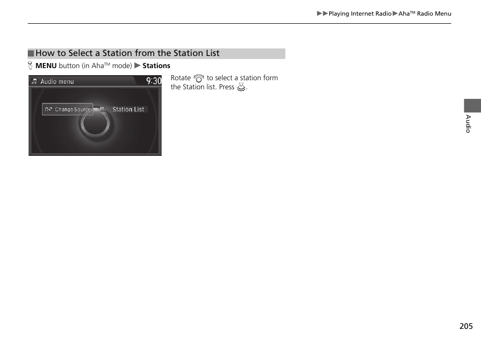 How to select a station from the station list | Acura 2015 TLX - Navigation Manual (Without Software Update) Ver. ST02 User Manual | Page 206 / 329