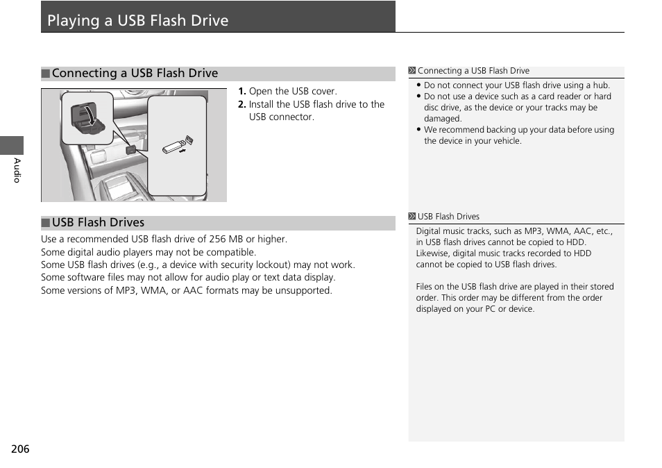 Playing a usb flash drive 206, P206), Connecting a usb flash drive | Playing a usb flash drive | Acura 2015 TLX - Navigation Manual (Without Software Update) Ver. ST02 User Manual | Page 207 / 329
