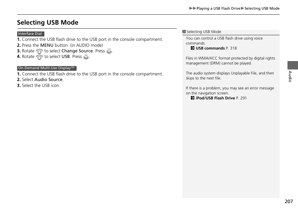 Selecting usb mode | Acura 2015 TLX - Navigation Manual (Without Software Update) Ver. ST02 User Manual | Page 208 / 329
