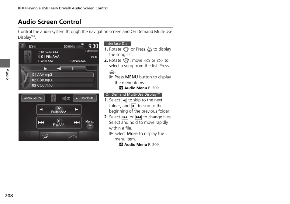 Audio screen control | Acura 2015 TLX - Navigation Manual (Without Software Update) Ver. ST02 User Manual | Page 209 / 329
