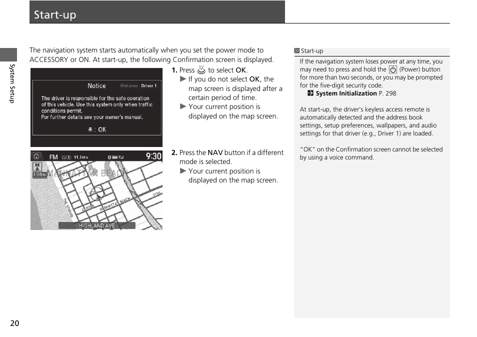 Start-up 20, Start-up | Acura 2015 TLX - Navigation Manual (Without Software Update) Ver. ST02 User Manual | Page 21 / 329