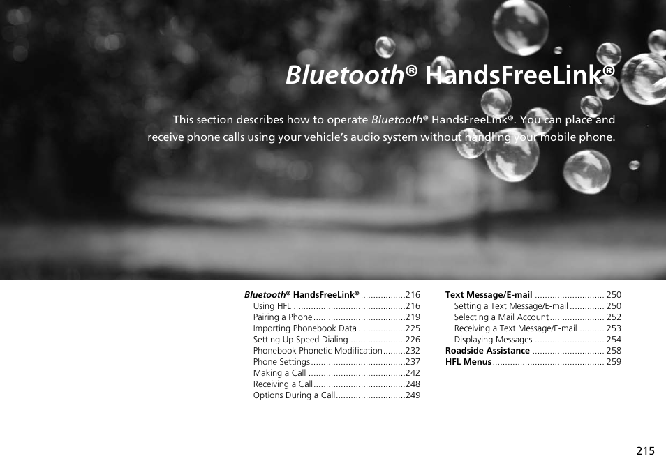 Bluetooth® handsfreelink, Bluetooth ® handsfreelink® p. 215, Bluetooth ® handsfreelink | Acura 2015 TLX - Navigation Manual (Without Software Update) Ver. ST02 User Manual | Page 216 / 329