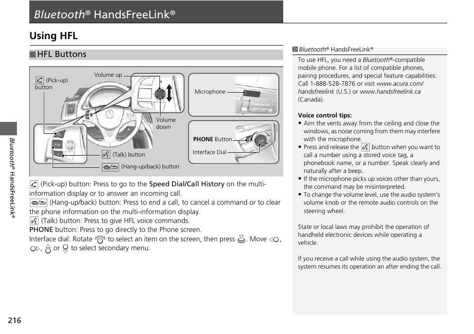 Bluetooth ® handsfreelink® 216, P216), Bluetooth ® handsfreelink® p. 216 | Bluetooth ® handsfreelink, Using hfl, Hfl buttons | Acura 2015 TLX - Navigation Manual (Without Software Update) Ver. ST02 User Manual | Page 217 / 329